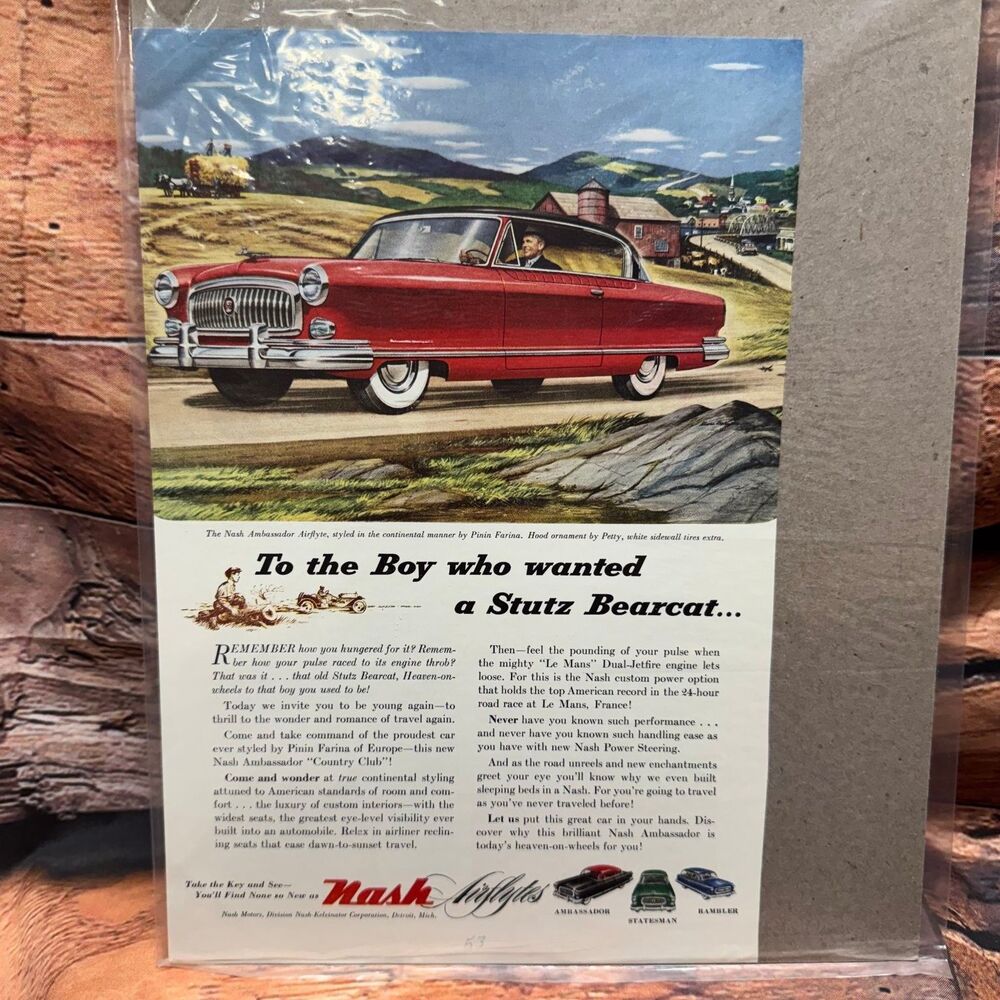 Vintage 1953 Nash Ambassador Airflyte Pinin Farina Print Ad Stutz Bearcat